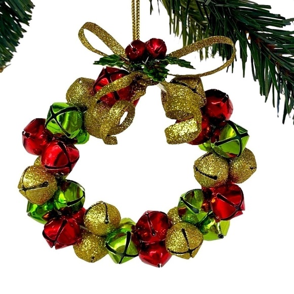 Jingle Bells Wreath Christmas Ornament Red Gold Green 3.5" - Picture 1 of 5